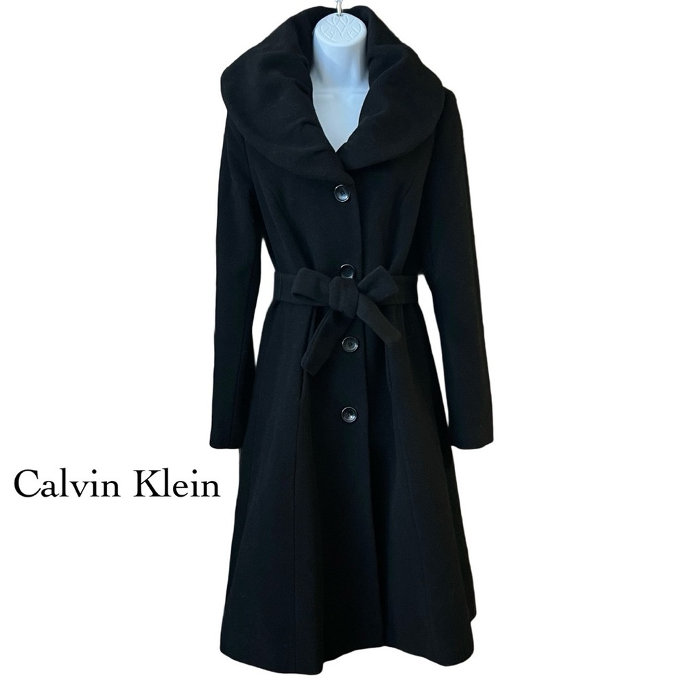 Calvin Klein Elegant Black Wool Trench Coat Size 2